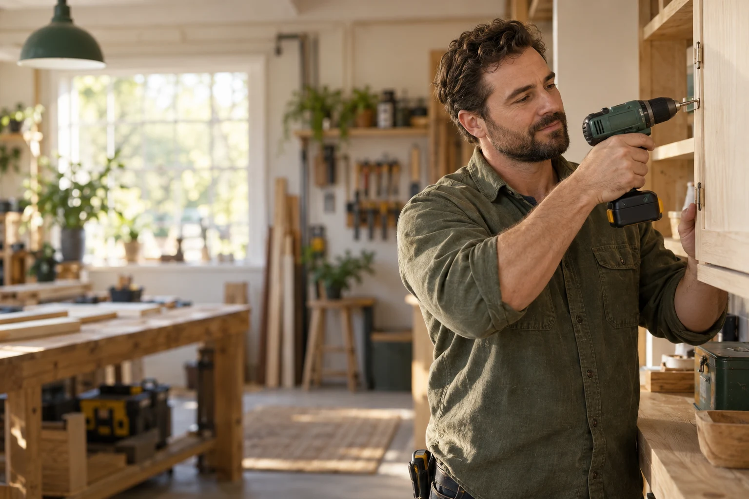 Fictional handyman working on a wooden cabinet